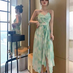 Beach summer sexy V-neck halter chiffon irregular pleated dress Office Lady Sleeveless Knee-Length Polyester 210416