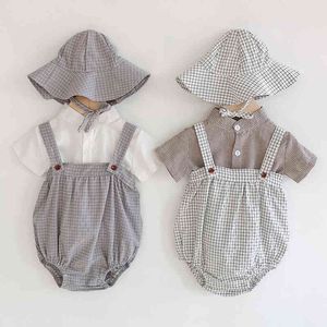 Sommer Plaid Sling Strampler + Hut Säugling Junge Mädchen Set Kurzarm Shirt Baby Kleidung Lässig Niedlich 210515