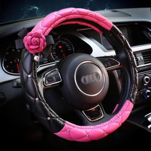 Tamas de volante Tamas de pérola rosa camélia capa de carro Acessórios de interiores automáticos Gancos de engrenagem de freio de mão com cinto de mão Ganchos