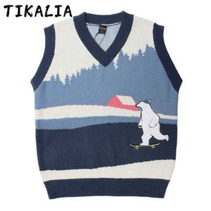 Ful tröja Vintage män tröja väst Björnmönster Fritidsstickad tröja Ärmlös män Modekläder Höstväst Kappa Vneck Y0907