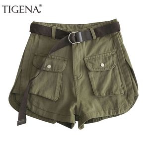 Tigena الجيش الأخضر القطن البضائع السراويل للنساء الصيف الأزياء واسعة الساق حزام الجيب ارتفاع الخصر السراويل الإناث 210625