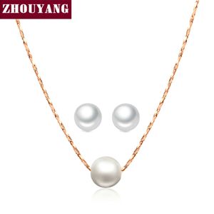 Einfache Dame Stil Imitation Perle Rose Gold Farbe Schmuck Halskette Ohrring Set Für Frauen ZYS358