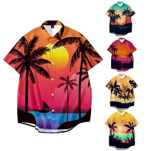 Coconut Tree Print T-shirts Män Kortärmad Casual Oversizes Shirt Sommarstrand Holiday Hawaii Camisas Vacation Hawaiian Camisa 210524