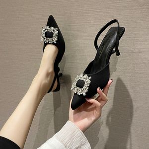 Pointed Heel Sandals Black Shoes for Women 2022 Summer All-Match Beige Open Spring Sexy Stiletto Rhinestone Girls Closed New Com