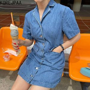 Korejpaa Frauen Kleid Sommer Koreanische Chic Damen Nische Retro Revers Metall Einreiher Schlank Kurzarm Denim Vestidos 210526