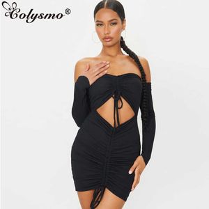 Colysmo Schwarzes Kleid mit Kordelzug, gerafft, langärmelig, trägerlos, rückenfrei, Robe für Damen, Party, Club, Kleidung, sexy Freizeitkleider 210527