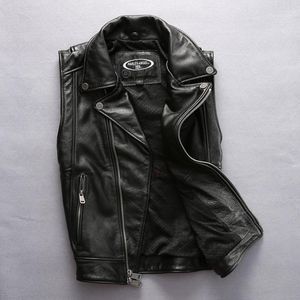 Giacca da moto senza maniche slim fit in pelle da uomo 2021 con motivo Lucky Pig nero in pelle di vitello moda uomo gilet da motociclista maschile