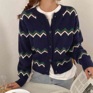 Korean Chic Panelled Wave Cut Pattern Cardigan Coat Vintage O-neck Single Breasted Loose Long Sleeve Knitted Sweaters Pull Femme 210514