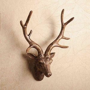 3D Deer Head Sculpture Murals Home Wall Hanging Animal Statue Decoration Resin Handmade European Village Ornament Artwork Craft 210414