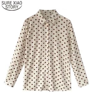 Kore Moda Giyim Sonbahar Polka Dot Ofis Bluz Rahat Uzun Kollu Şifon Gevşek Kadın Vintage Gömlek Tops 5508 50 210506