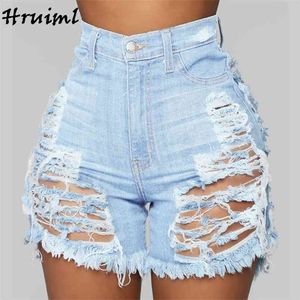 Pantaloncini di jeans personalizzati Vintage Slim sfilacciati per le donne Casual Big Hole Saldi Moda a vita alta Ropa Para Mujer 210513