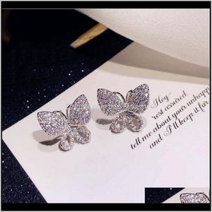 Kolczyki biżuteria słodka luksusowa biżuteria błyszcząca 925 Sterling Sier Pave White Sapphire CZ Diamond Stones Kobiety Butterfly Wedding Stude E