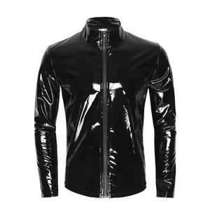 メンズセクシーな光沢のあるPVCレザーシャツ男性光沢のある金属製のジャケットトップスセックスエロティックな形シースラテックスカジュアルコート
