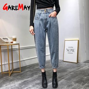 Pojkvänner jeans kvinna hög midja kvinnlig smal passform vintage mamma femme vår sommar damer byxor denim cowboy harem byxor 210428