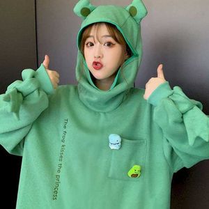 Autumn plus velvet frog pullover zipper hoodies women's autumn Korean style loose top trendy girlfriends couple cute al 210526