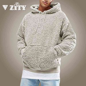 Mens Warm Faux Fur Fleece Hoodie Hooded Sweatshirt Casual Pullover Men Kläder Solid Färg Streetwear Med Kangaroo Fickor 211106