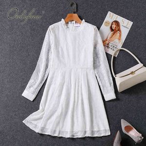 Summer Women Embroidery Mini Long Sleeve White Lace Short Sexy Tunic Beach Dress 210415