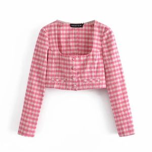 女性夏の女性正方形襟甘いピンクの格子縞のショートシャツ閉じる長袖トップ210531