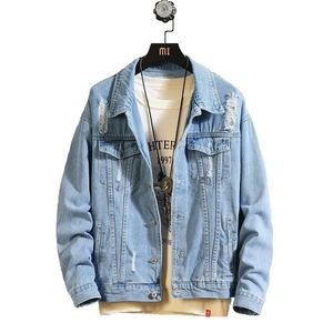 Grossist designer höst och vinter mens jacka mode casual denim jacka män plus storlek blå färg lapel rippad jean jacka storlek m-4xl x