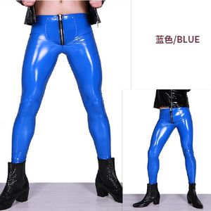 Calças masculinas finas lazer couro brilhante apertado nono calças pvc látex amônia falso punk legging brilhante lápis brilhante