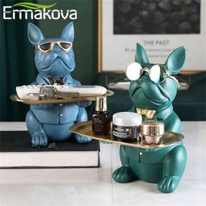 ERMAKOVA Nordic French Bulldog Sculpture Dog Figurine Statue Key Jewelry Storage Table Decoration Gift With Plate Glasses 210727