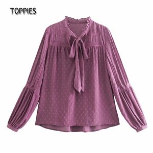 Women Fashion Purple Pink Long Sleeve Shirts Elegant Bow Ladies Blouse Casual Tops 210421