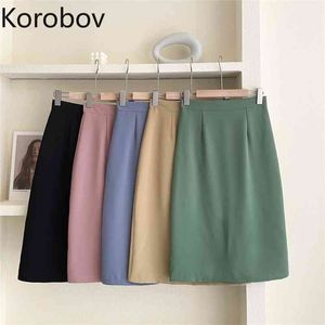 Korobov New Arrival High Waist Skirt Summer Chic Korean Office Lady Solid Slim A-Line Faldas Mujer Vintage Midi Skirt 210430