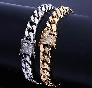10 mm Miami Cuban Link Iced Out Gold Silver Acero Inoxidable Pulseras Hip Hop Bling Chains Jewelry Mens Pulsera
