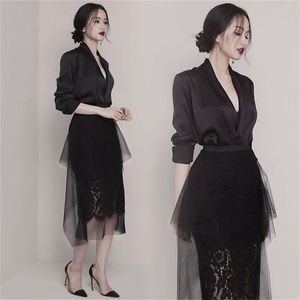 Women 2 Piece Set Dress Spring Sexy Deep V Neck Blazer Black Coat +Fashion Irregular Lace Patchwork Mesh Skirt Suits 210519