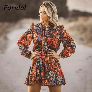 Floral Print Long Sleeve Vintage Spring Autumn Dress Women Bowknot Lace Up Ladies Elegant Short Red Dress 210415