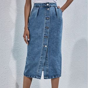 Denim Rock Frauen Einreiher Knie Länge Gerade Jeans Röcke Für Mädchen Hohe Taille A-linie Taschen Casual Damen 210518