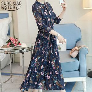 Frühling Damen Elegantes Kleid Print A-Linie Schleife Empire Chiffon Kleid Mode Frauen Kleider Schleife Langarm Kleid Robe 3669 50 210528