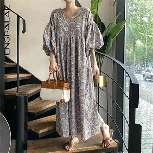 Sommarkvinnor Vintage Loose High Waist Slim var tunn Elegant V-Neck Lantern Sleeve Maxi Dress ZA4776 210427