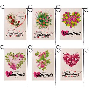 Valentine's Day Garden Banner Flags Love Happy Courtyard Linen Double Sided Printing Rose Flower Flag