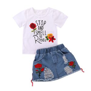 Crianças roupas para meninas t-shirt branca e saia jeans saia verão roupas infantis conjuntos de bebê toddler menina roupas