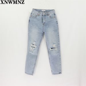 Za vintage mamãe jeans alta cintura mulher rasgada namorado para mulheres estilo coreano angustiado calças de denim azul 210809