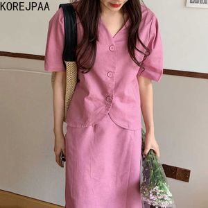 Korejpaa Kvinnor Sommar Koreanska Chic Ladies Gentle V-Neck Tre Knapp Puff Sleeve Suit High Waist Straight Slit Kjol 210526