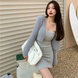 Suit Women's Autumn and Winter Sweater Knitted Breast High Waist Breech Dress+ Cardigans +vest 3 Pieces Sets 210529