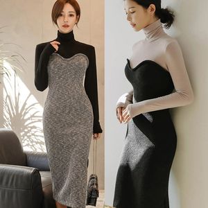 Frauen Patchwork Gestrickte Split Langes Kleid Ankunft Winter Büro Dame Langarm Slim Bottoming Dünne Grau Pullover Kleid 210514