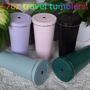 17oz Travel Tumblers Stainless Steel cups 500Ml with metal Straw Lid Insulated Heat & Cold Coffee Mugs Drinking Bottle for Home Office Camping Hiking portable mug