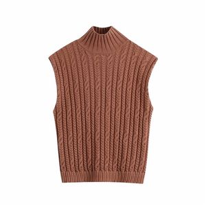 Brun tröja väst kvinnor vinter kabel stickade turtleneck beskurna ärmlös topps casual pullovers 210519