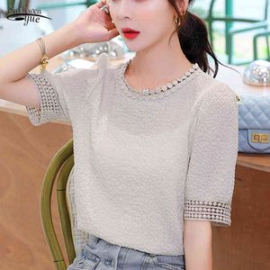 Sommer Kurzarm Chiffon Hemd Frauen Casual O Hals Plus Größe Frauen Bluse Plissee Aprikose Lila Tops Blusas Mujer 10205 210518