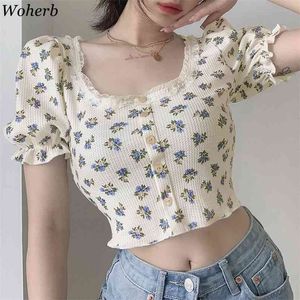 Summer Crop Top T-shirt Women Floral Print Sweet Cute Tops Short Puff Sleeve Slim Bodycon T Shirts Korean Chic Blusa 210519