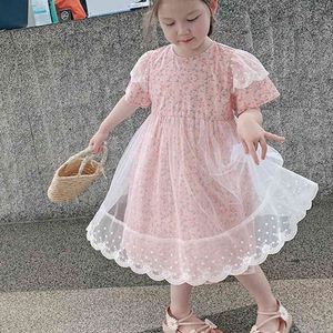 Летнее платье сладкий короткий рукав цветочные кружева лоскутная вечеринка детская одежда девушка принцесса 2-6Y 210515