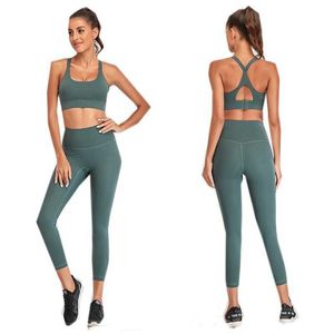 Nake Feeling Women's Trening Outfit 2 sztuki Joga Legginsy Z Sport Biustonosz Siłownia Ubrania Zestaw Y Back Tank Top Pocket Spodnie LU Style X0629