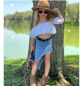 Barnflickor Kläder Satser Fashion Off Shoulder Puff Sleeve Crop Tops + Denim Oregelbundna Kjolar 2021 Sommar Kids Baby Girl