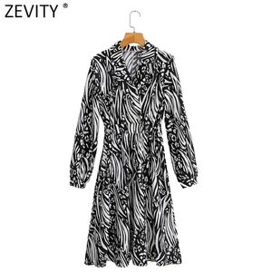 Kobiety Vintage Turn Down Collar Streszczenie Drukuj Elastyczna Talia Kierota Koszulka Sukienka Kobieta Chic Długi Rękaw Vestido DS4679 210420