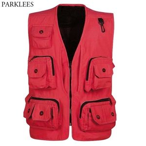 Red Outdoor Work Mesh Vest Men Multi Pocket Removable Back Fashion Sleeveless Jacket Male Fishing Travel Pography Chaleco 210522