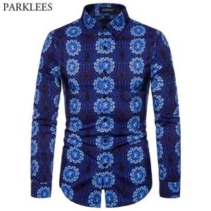 Azul Mandala Trippy Imprimir Camisa à moda Homens Outono Slim Fit Manga Longa Vestido Camisas Mens Casuais Partido Camisa Social 2xl 210522