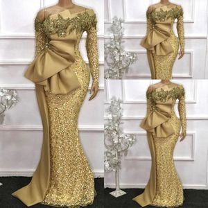 2022 Arabic Mermaid Prom Dresses Gold Sequined Lace Custom Made Sexy Off Shoulder Evening Long Sleeves Robe De Marrige Sweep Train Sequins Gowns Beads With Bow